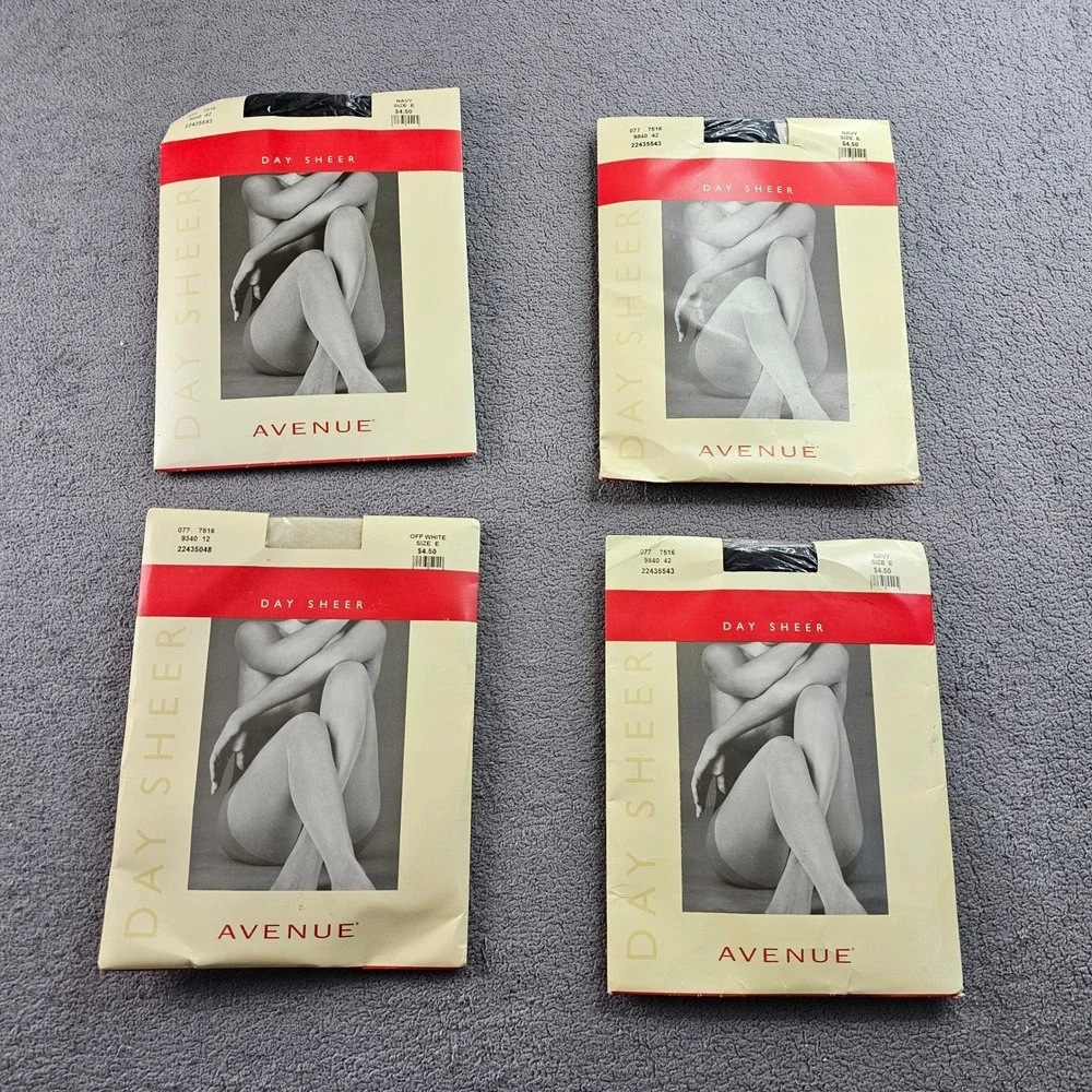 Lot Of 4 Avenue Day Sheer Pantyhose Womens Size E Navy White Sandalfoot Tights